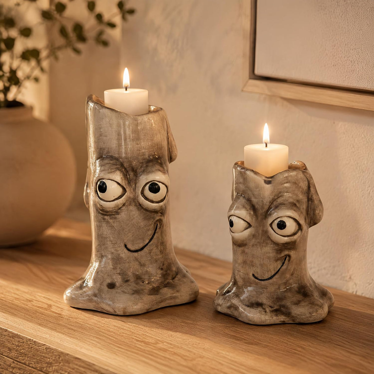 2 PCS Ceramic Candle Holders, Funny Face Decor Set for Home
