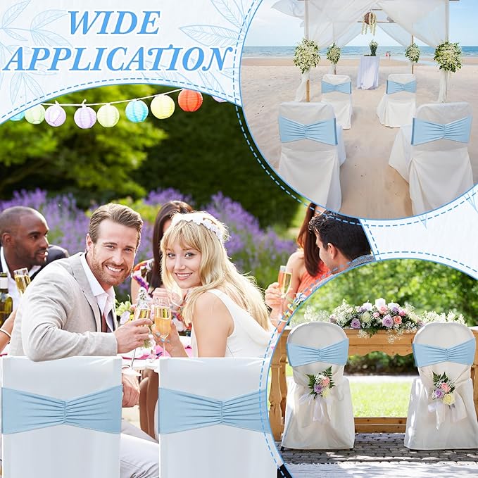 Moukeren 100 Pcs Spandex Chair Sashes Bows Bands Slider Sashes for Chair Covers Elastic Bands Ties Ribbon Decorations for Wedding Party Events Ceremony Birthday Banquet(Sky Blue)