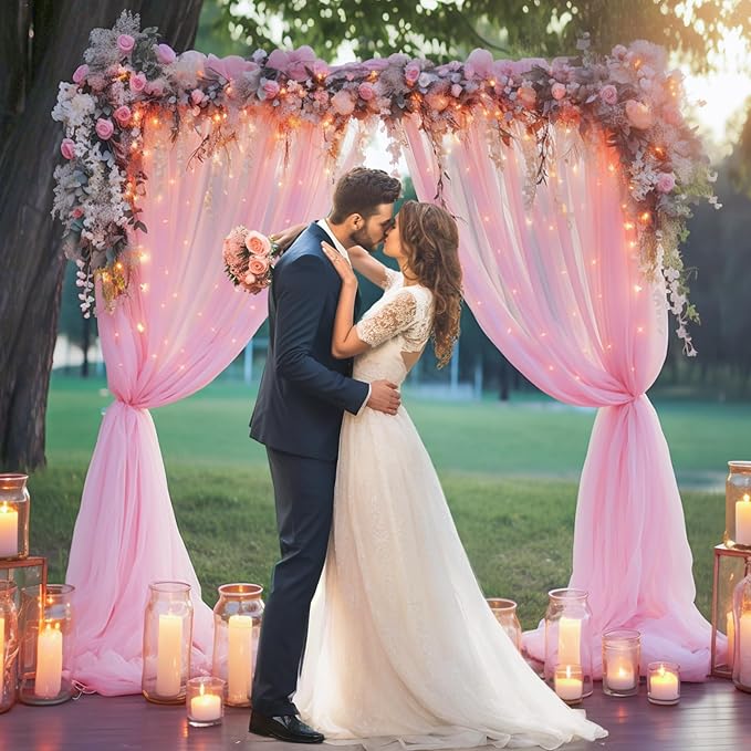 30×10ft Pink Tulle Backdrop Curtain with Lights String for Parties, Sheer Photo Backdrop Curtains for Wedding Party Photography Background