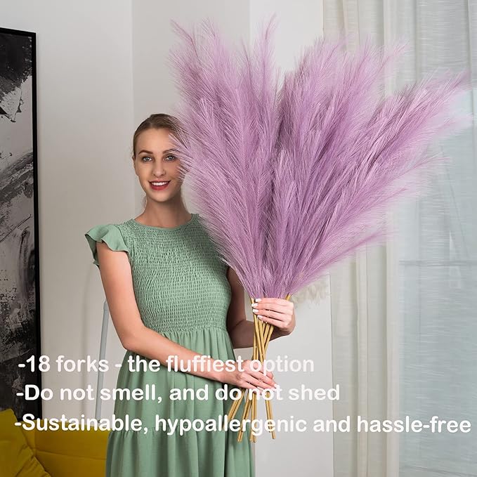 EVODIS Pampas Grass Decor Tall, 43"/110cm Faux Pampas Grass 6 Stems Large Pompass Grass Branches Tall Bulk Boho Flower Arrangement for Home Room Wedding Party Decor (Light Purple)