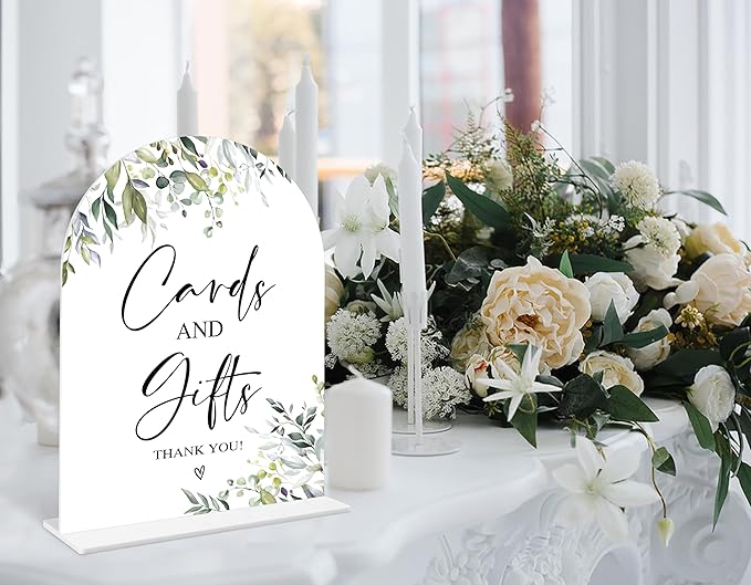 Greenery Cards and Gifts Sign, 6 x 8 Inch White Arch Acrylic Wedding Sign with Holder, Wedding Sign for Ceremony and Reception, Wedding Decoration, Wedding Supplies - LY01