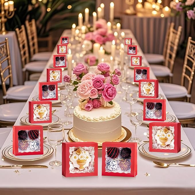 100-Pack 4x4x2 Classic Red Bakery Boxes - Treat/Cookie/Truffle Boxes for Mini Cakes, Pies & Cinnamon Rolls - Wedding Party Favor Packaging