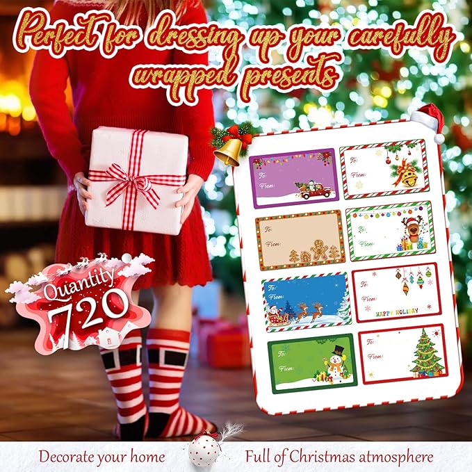 Zonon 720 Pieces Self Adhesive Christmas Gift Tag Xmas Kraft Name Tags Natural Kraft Xmas Stickers Paper Tags Labels for Christmas Decoration(Cute Style)
