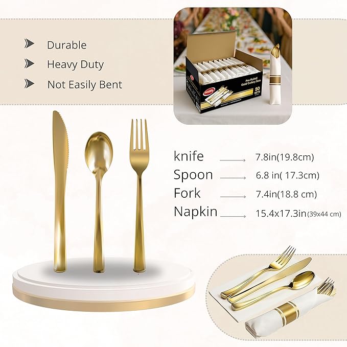 Neatiffy 50 Pack Gold Plastic Silverware Set, Pre Rolled Napkin and Cutlery Set with 50 Forks, 50 Knives, 50 Spoons, 50 Napkins, Utensils, Silverware for Parties, Weddings and Birthdays