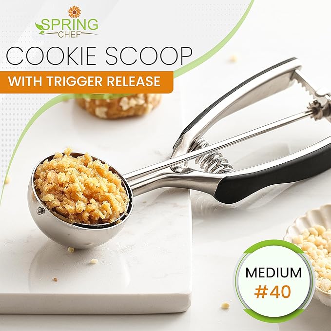Spring Chef Medium #40 Stainless Steel Cookie Scoop for Baking - Multifunctional Cookie Dough Scoop with Trigger Release, 1.7 Tablespoon Food Scooper for Kitchen - Dishwasher Safe Melon Baller - Black