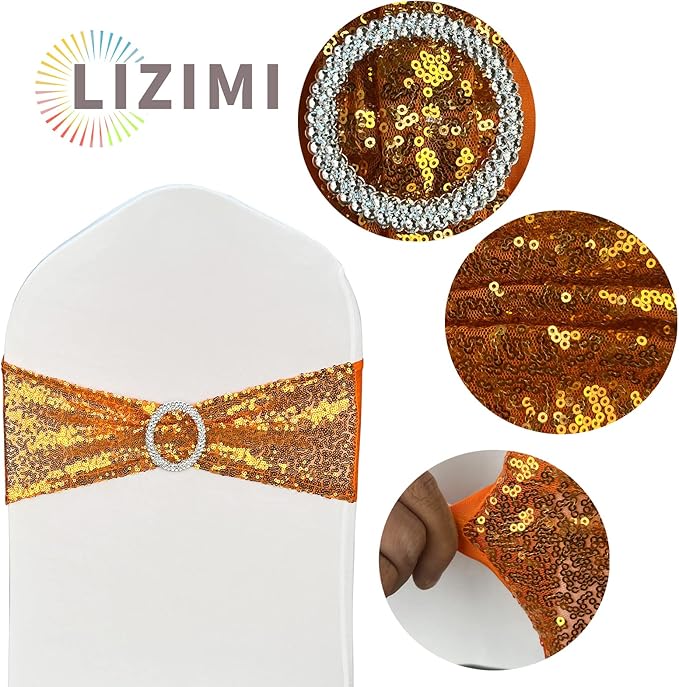 Chair Sashes Sequin Stretch Chair Bands Spandex Polyester Bows for Party Hotel Wedding Banquets Decoration - 6 Pcs Orange