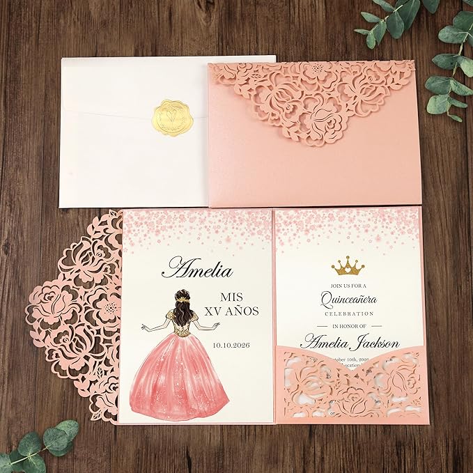 DORIS HOME 50pcs Laser Cut Quinceanera Invitation Pockets with Envelopes Pink, 5.12" x 7.12"Invitation Cards for BirthdayMiss 15, Sweet 16 (No Inserts Included)