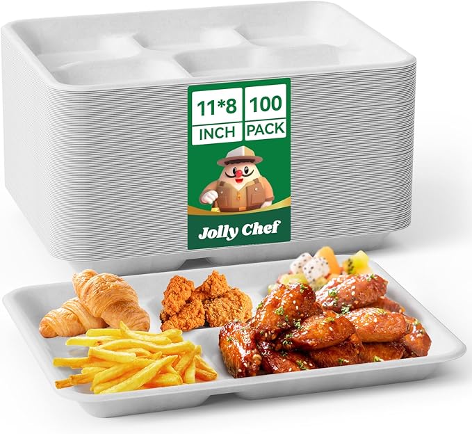 JOLLY CHEF Compostable 𝟱 Compartment Paper Plates 𝟭𝟭 * 𝟴 𝗶𝗻𝗰𝗵 [𝟭𝟬𝟬 𝗣𝗮𝗰𝗸] Heavy Duty White Divided Disposable Plate Eco-Friendly Biodegradable Containers Food Tray for Party Lunch Buffet (100 Pack)