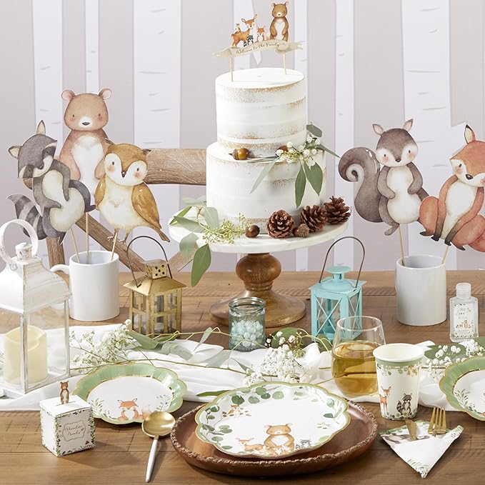 Kate Aspen Woodland Baby Shower Decorations - 78-Piece Baby Shower Plates and Napkins Set with Cups for 16 Guests - Gender Reveal Decorations Forest Animal Theme Party Supplies and Table Decor