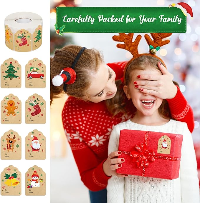 Zonon 720 Pieces Self Adhesive Christmas Gift Tag Xmas Kraft Name Tags Natural Kraft Xmas Stickers Paper Tags Labels for Christmas Decoration(Stylish Style)