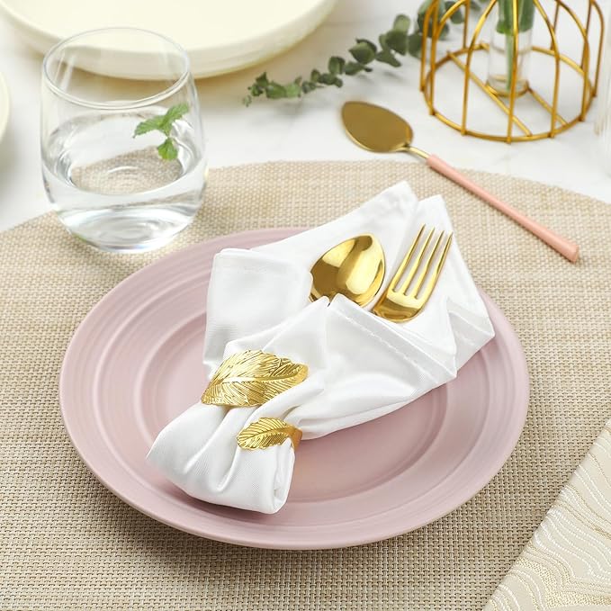 Gold Napkin Rings, Shiny Metal Napkin Rings Set of 12, Study Leaf Shaped Table Decor, Stylish Fall Napkin Ring Bulk for Christmas, Easter, Wedding, Party, Elegant Table Settings Gift Ideas