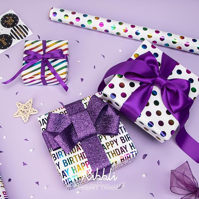 Ribbli Birthday Wrapping Paper 30 Inch Iridescent Gift Wrapping Paper 4 Rolls Happy Birthday Polka Dots Stripes Stars Printed Assortment -120 inch(10feet) Per Roll