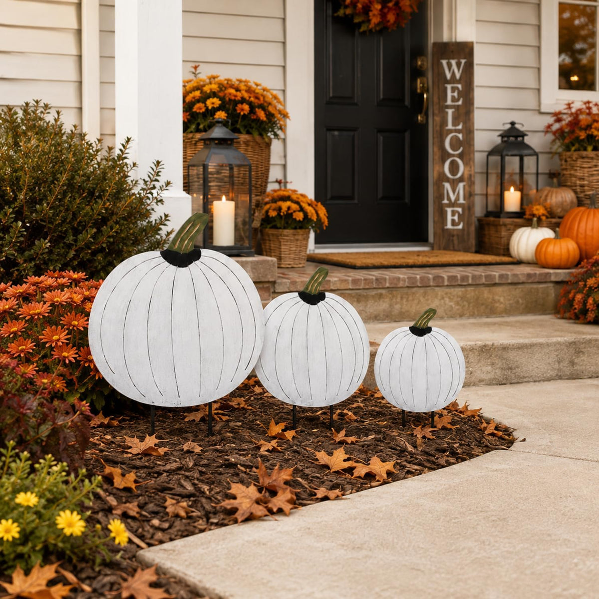 GlikCeil 3 Pcs Fall Decor Outdoor Rustic Pumpkin Stakes, Fall, White