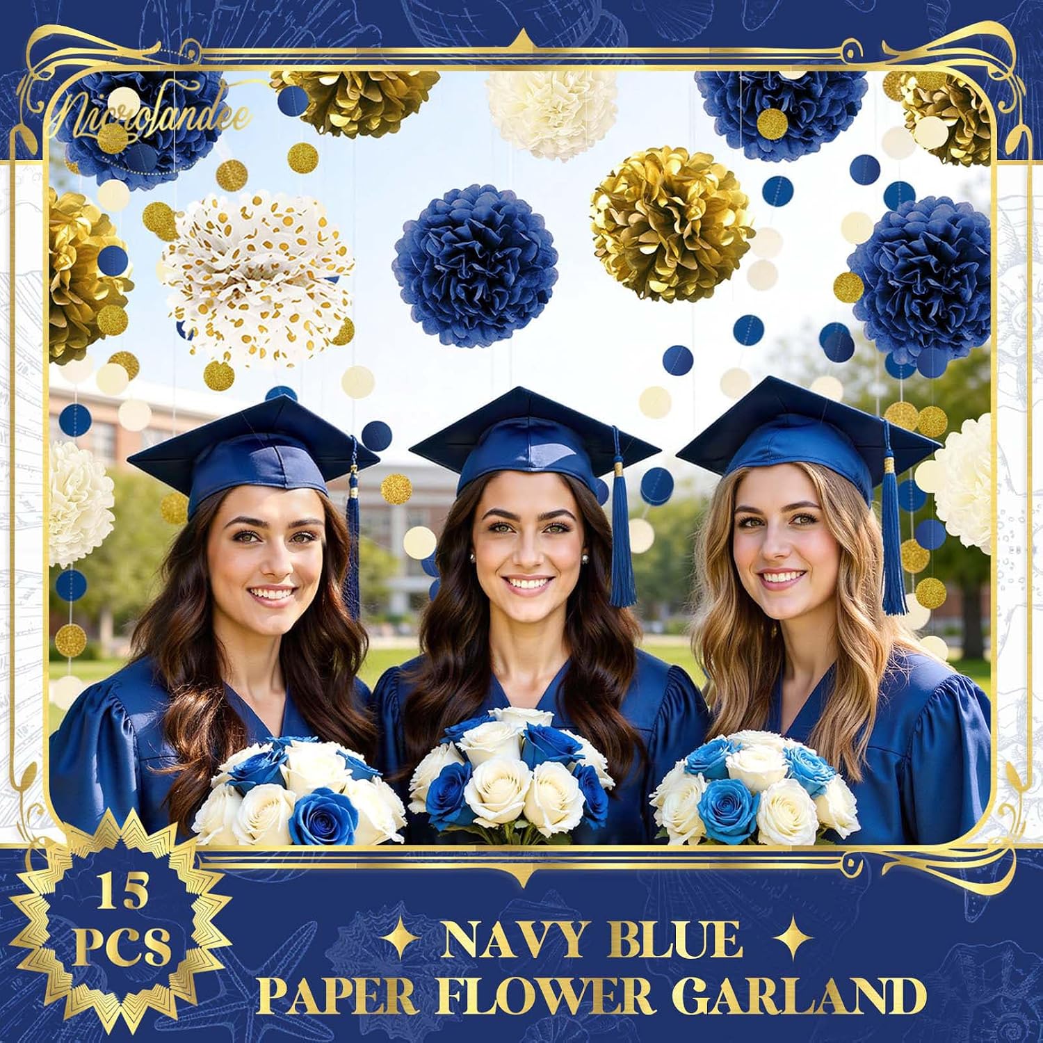NICROLANDEE 15 PCS Navy Blue Gold Tissue Paper Pom Poms for Men Birthday, Baby Bridal Shower, Wedding, Bachelorette, Graduations, Navy Blue Engagement Party Backdrop Dot Paper Decorations
