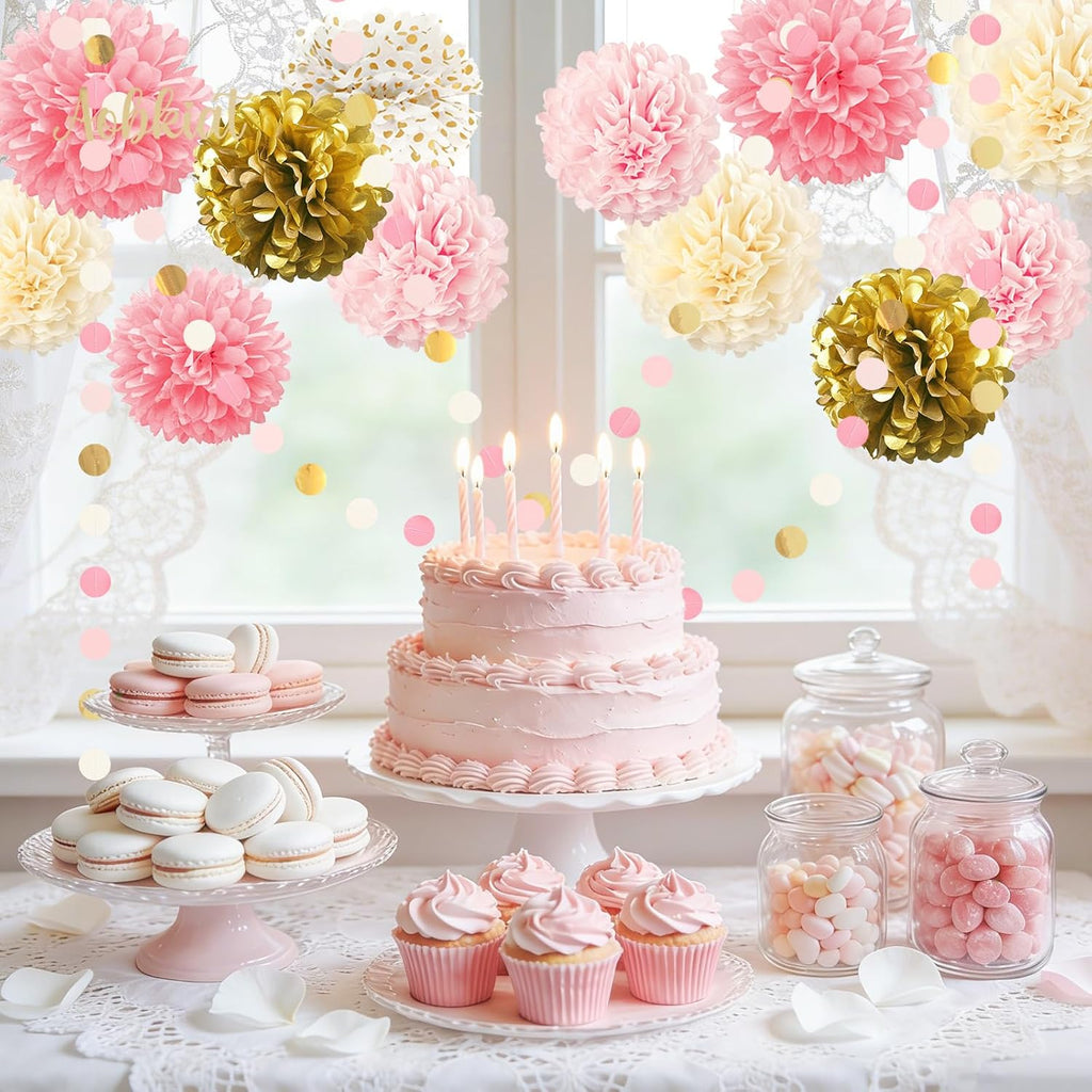 AOBKIAT Wedding Baby Shower Decorations Set,15PCS Pink Gold for Girls Women | with Tissue Paper Pom Poms,Colorful Garland String Hanging Backdrop for Birthday,Bridal Shower,Gender Reveal Celebration