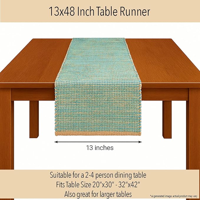 Chardin home Natural Jute Table Runner 13x48 Inch – Vintage Boho Rustic Table Decor – Handwoven Table Runner in Natural Jute and Aqua Turquoise – Farmhouse Dining or Console Table Accent