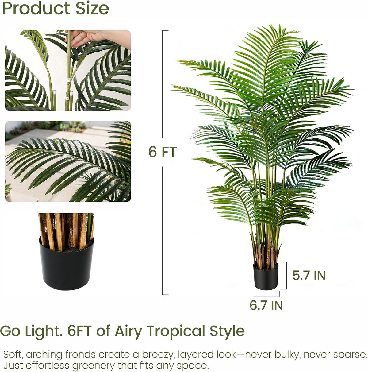 6ft 2-pack artificial areca palm plant in pot showing dimensions