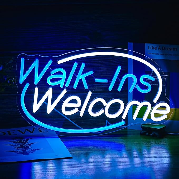 Walk-Ins Welcome Neon Sign, Neon Sign For Wall Decor, Blue + White Led Signs Usb Powered, Living Game Room Decor, For Bedroom Restaurant Bar Hotel Shop Party Birthday (16.5x9.4in)