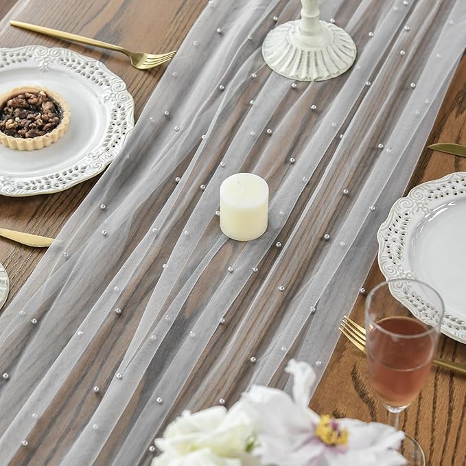 Artoid Mode Pearl Grey Gauze Table Runner 59x120 Inch , Seasonal Sheer Kitchen Dining Holiday Wedding Birthday Baby Shower Table Decor for Home Party