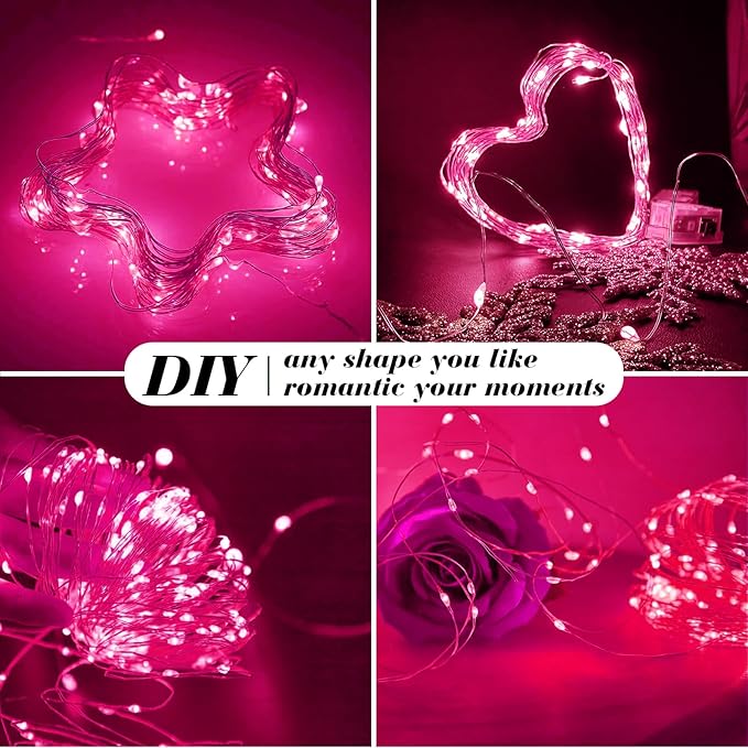 ZGWJ 50 Pack Fairy Lights Battery Operated, 7ft 20 Mini LED Fairy String Lights Silver Wire 3 Modes for DIY, Parties, Wedding, Bedroom, Halloween Christmas Decoration Pink