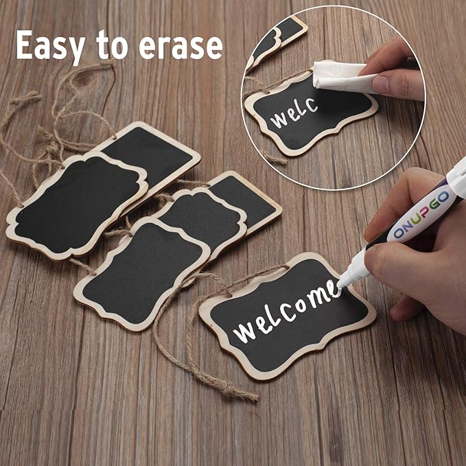 ONUPGO 20 Pack Mini Chalkboard Tags with Liquid Chalk Marker, Erasable Wooden Chalkboard Signs with Hanging String, Price Tags, Message Tags for Wedding Decor, Party Buffet Display, Place Cards