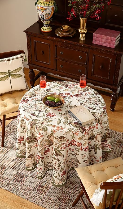 ISAENNE Designer Bohemian Linen Round Table Cloth,Colorful Floral Pattern Tablecloth,Wrinkle Resistant Decorative Tablecloths for Dining Thanksgiving Kitchen Party,Diameter 67"-Grace A