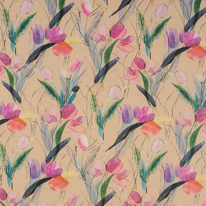 RUSPEPA Tulips Floral Wrapping Paper Roll, Watercolor Gift Wrap, Mini Roll Kraft Paper Roll for Girls, Spring, Summer, Wedding and Birthday 17 Inches x 32.8 Feet