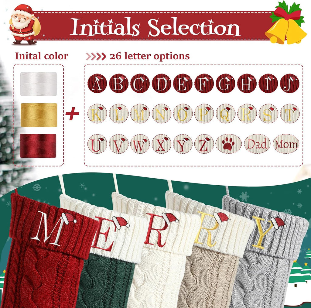 Christmas Stockings with Initials, 18" Large Embroidered Monogram Knit Family Christmas Stocking, Red Xmas Stocking for Kids, Christmas Decoration for Family Fireplace Holiday Party(Letter A)