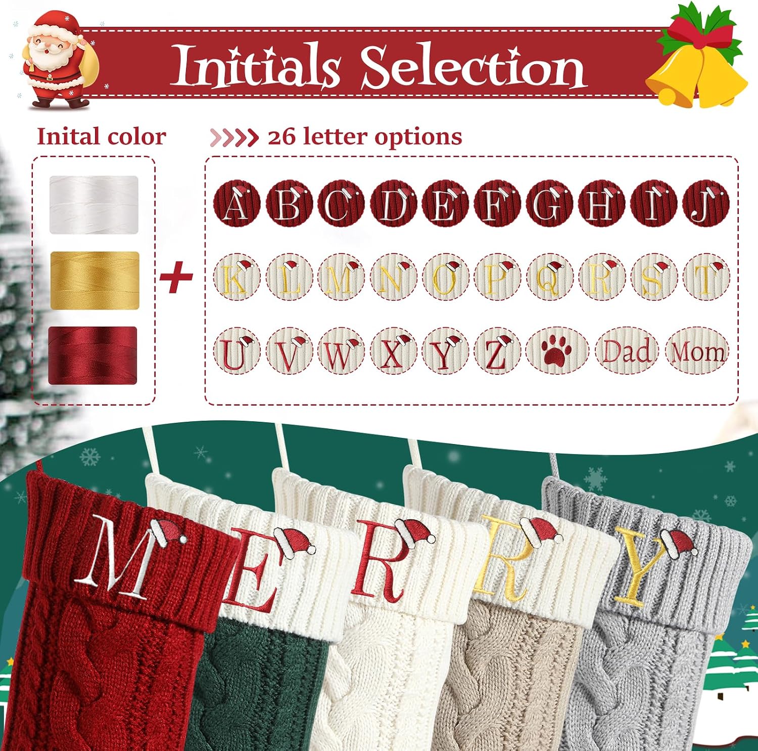 Christmas Stockings with Initials, 18" Large Embroidered Monogram Knit Family Christmas Stocking, Red Xmas Stocking for Kids, Christmas Decoration for Family Fireplace Holiday Party(Letter A)