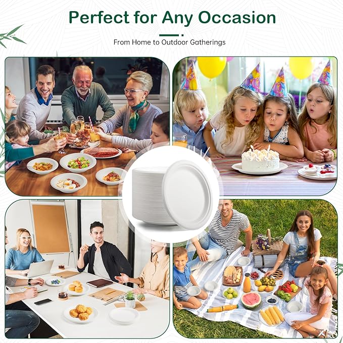 𝟕 𝐈𝐧𝐜𝐡, 𝟏𝟐𝟖-𝐏𝐚𝐜𝐤 Compostable Paper Plates, Heavy-Duty Biodegradable Disposable Dish Made from Bagasse, Perfeck for Snacks, Desserts, Party, Wedding and More (White)