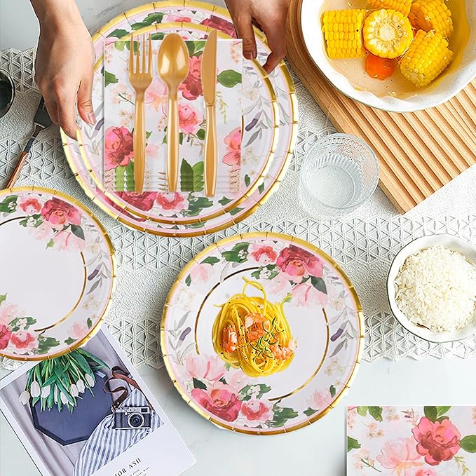 280 Pcs Thanksgiving Floral Paper Plates And Napkins Party Supplies - Bridal Shower Floral Plates,Flower Cups, Forks, Knives And Spoons, Napkins, Straws For Birthdays, Parties And Tea Parties