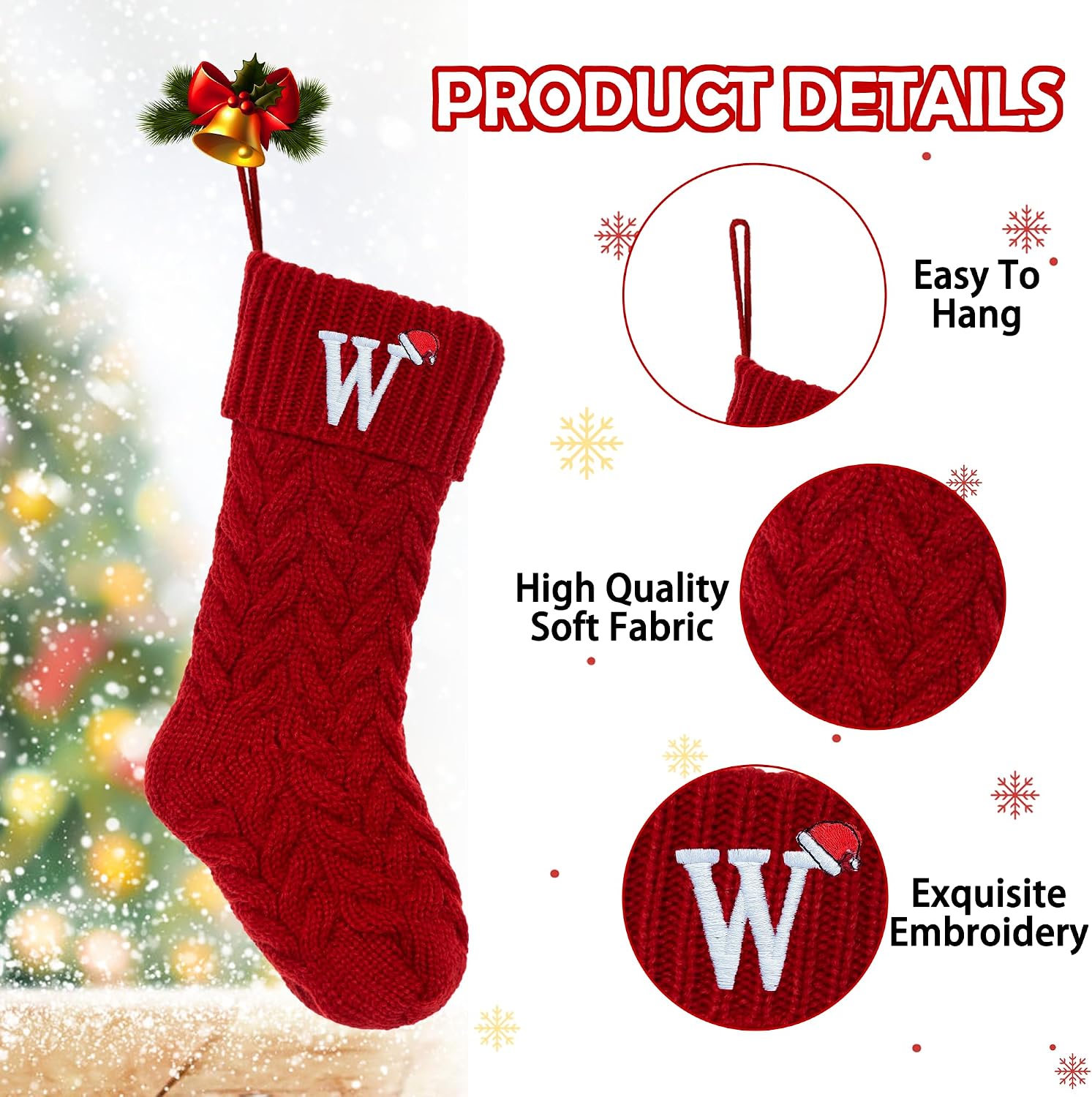 Christmas Stockings Personalized Custom Initials 18 Inches Knitted Christmas Stockings with Letter Fireplace Hanging Monogram Xmas Stockings for Kids,Family Holiday Party Decoration（Red M）