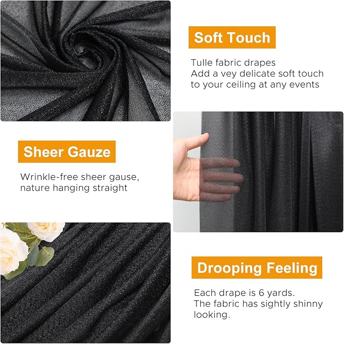 Wedding Arch Draping Fabric 6 Panels 28.7" x 20FT Black Sheer Chiffon Backdrop Drapes for Wedding Ceremony Birthday Party Bridal Shower Outdoor Decoration