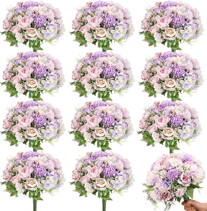 Tigeen Artificial Flowers Artificial Peonies Silk Flowers Faux Peony Fake Peony Silk Hydrangea Bouquet for Wedding Table Centerpiece Floral Vase Decor(Purple,24 Bundles)