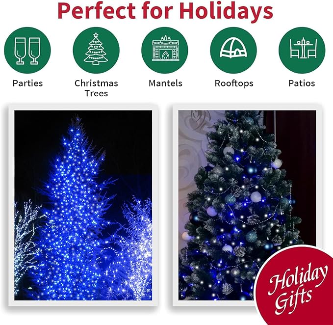 LAMPHOME 33ft Christmas Decorative Mini Lights, 100 LED Transparent Wire Fairy Starry String Lights Plug in, 16 Lighting Modes for Outdoor Xmas Tree Wedding Party Decoration (White+Blue)