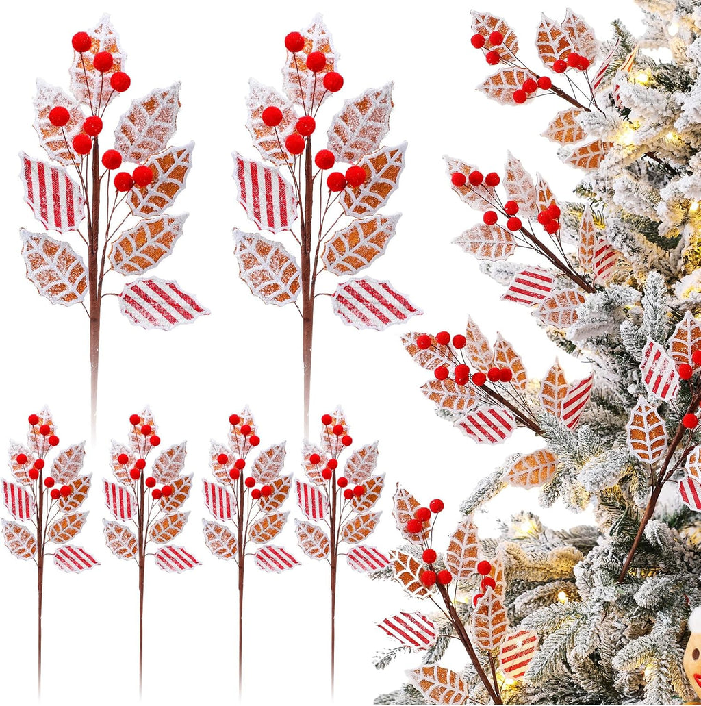 Sosation 6 Pcs 17 Inch Gingerbread Christmas Decorations Gingerbread Tree Topper Picks and Leaf Spray with Red Berries Brown Christmas Tree Picks with Snowflakes for Holiday Wreath Decor Topper Home