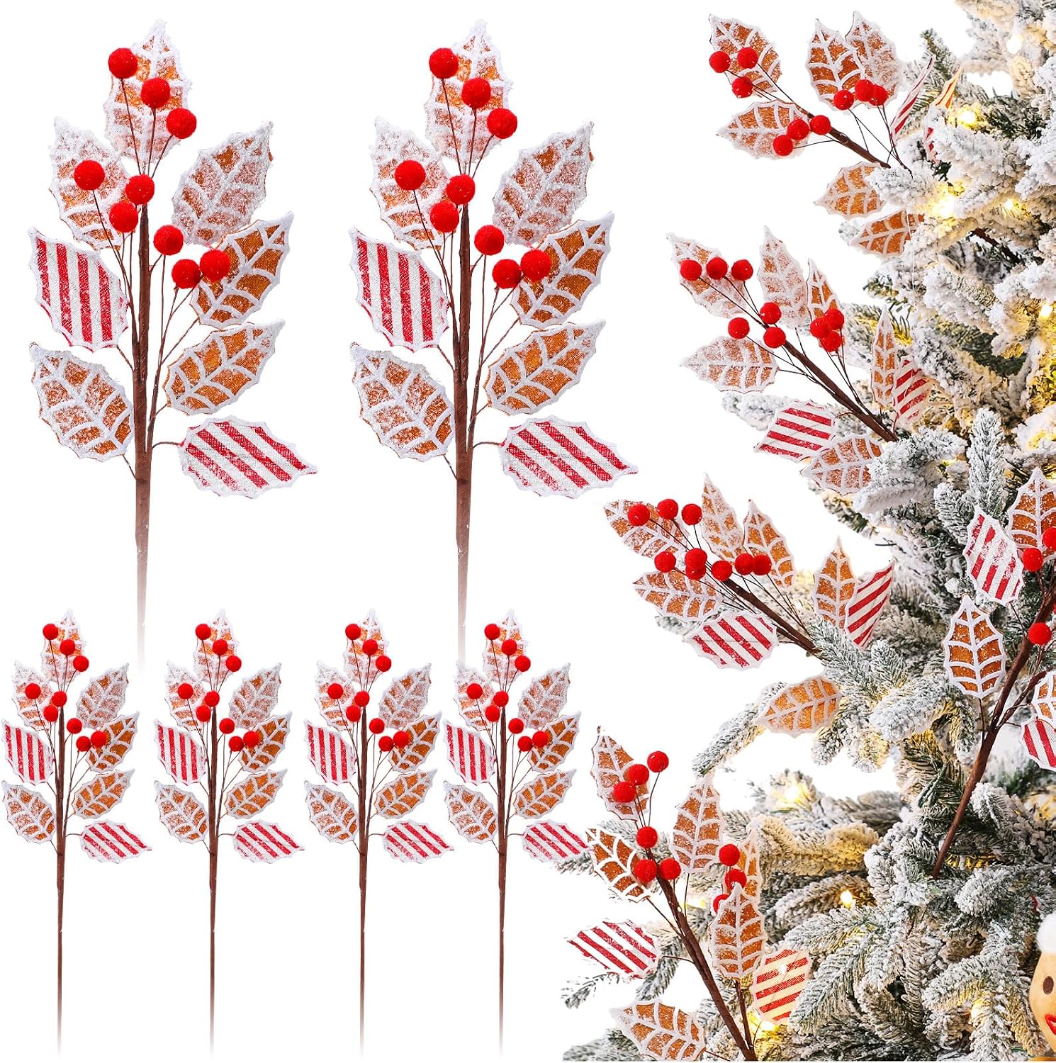 Sosation 6 Pcs 17 Inch Gingerbread Christmas Decorations Gingerbread Tree Topper Picks and Leaf Spray with Red Berries Brown Christmas Tree Picks with Snowflakes for Holiday Wreath Decor Topper Home