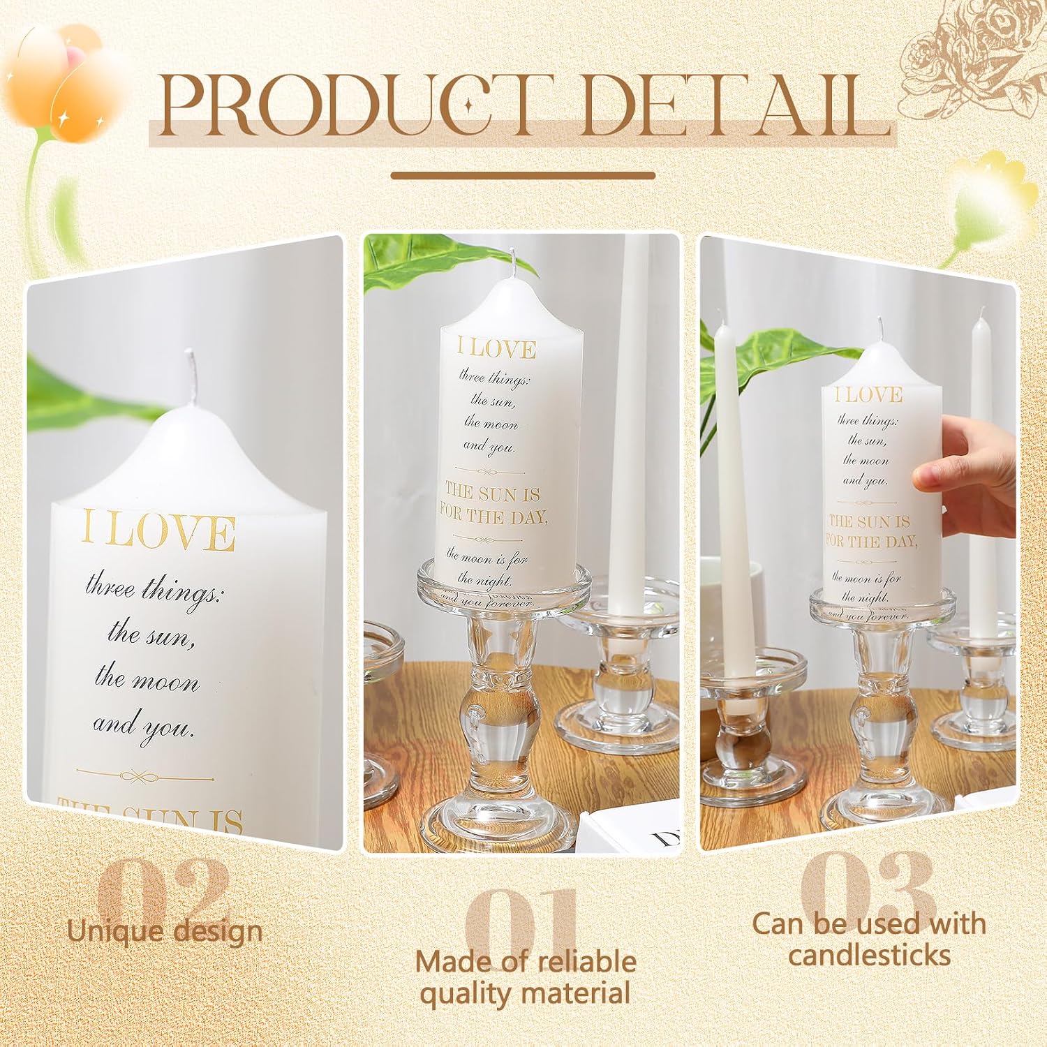 MTLEE 3 Unity Candles with Candle Holder for Wedding Unity Candle Set Include 1 Pillar and 2 Taper Candles for Ceremony Wedding Accessories Baptism Catholic Church (Love Things)