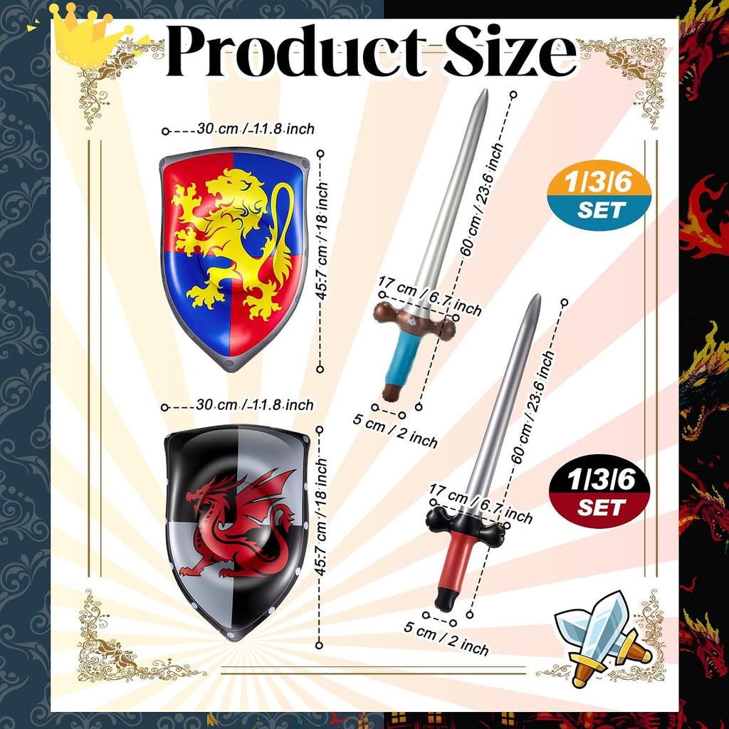 Poen 12 Pcs Inflatable Sword and Shield Knight Party Favors Set Blow up Medieval Sword Shield for Prince Party Favors Decorations Cosplay Accessories (Lion,Dragon)