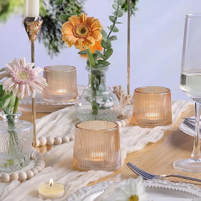 DARJEN Gold Ribbed Tealight Votive Candle Holders Set of 10- Tea Light Candle Holders Glass for Table Centerpiece, Votive Candle Holders for Home, Wedding & Fall Decor