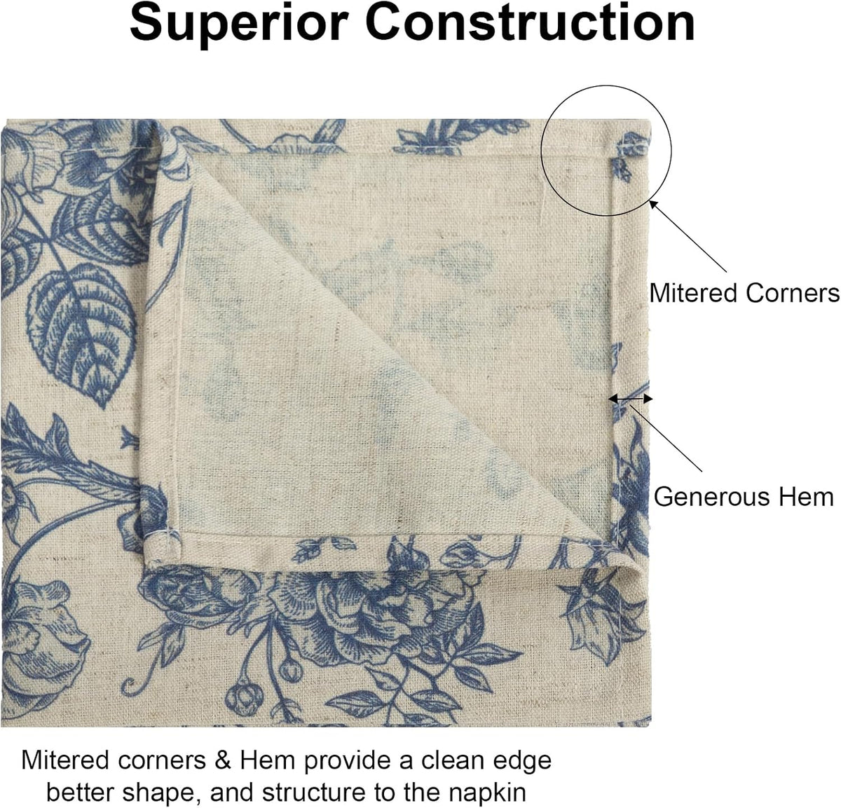 Blue Floral Cloth Napkins Set of 12, Vintage Linen Cotton Dinner Napkins 15x1...