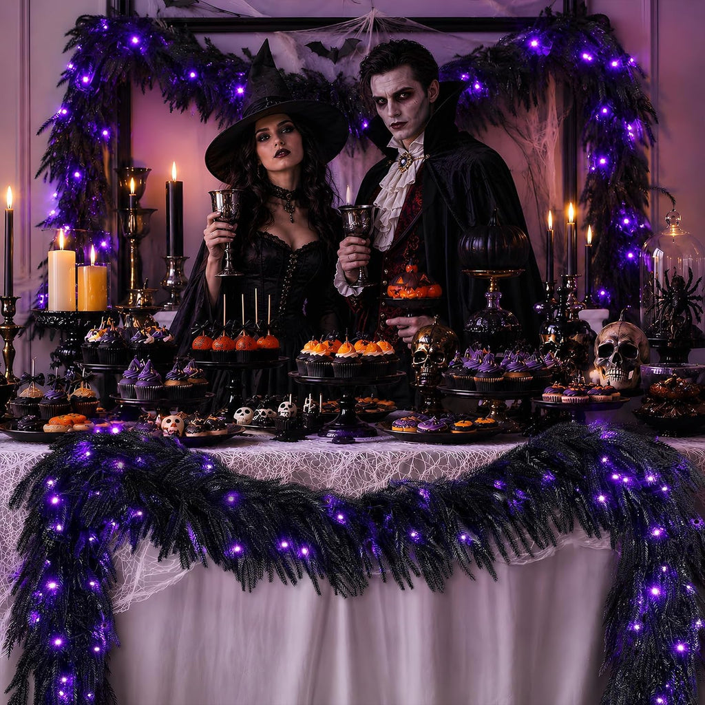 n&t nieting 9ft black halloween pre-lit garland with showing dimensions