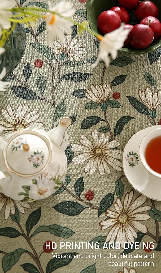 ISAENNE Designer Green Linen Round Tablecloth,Floral French Country Indoor Table Cloth,Stain Resistant Home Decor Tablecloths for Dining Kitchen Thanksgiving Christmas Party,67"*67"-Brune