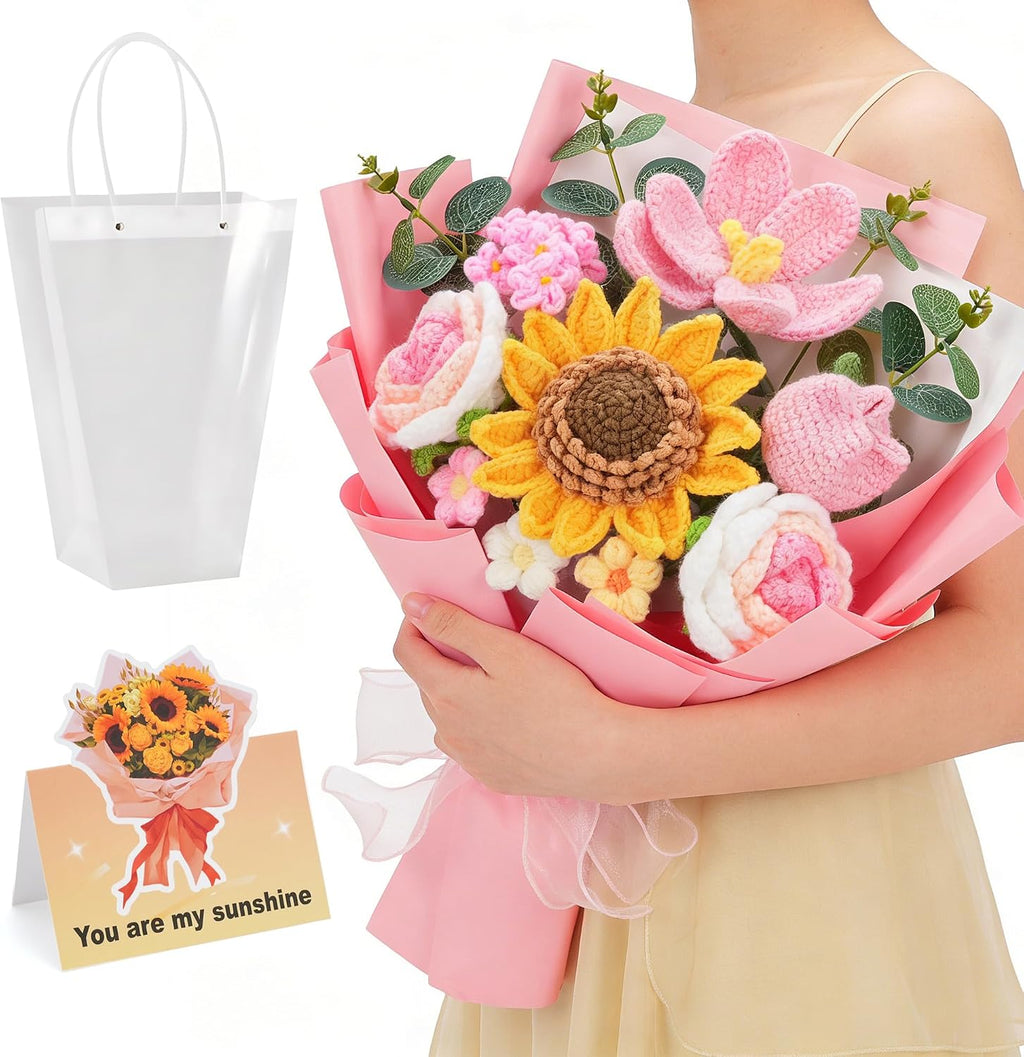 Crochet Flower Bouquet - Handmade Knitted Sunflower Crochet Flowers, Pink Crochet Bouquet Gift for Mom, Wife, Women, Mother's Day, Birthday, Graduation, Teacher Gifts with Gift Bag & Card