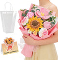 Crochet Flower Bouquet - Handmade Knitted Sunflower Crochet Flowers, Pink Crochet Bouquet Gift for Mom, Wife, Women, Mother's Day, Birthday, Graduation, Teacher Gifts with Gift Bag & Card