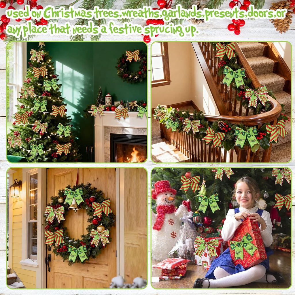 12 Pcs Christmas Bows,6 Inch Large Red Green Christmas Wreaths Bows for Tree Gift Wrapping Garland,Holiday Decorations Party Crafts Tree Ribbon Ornaments