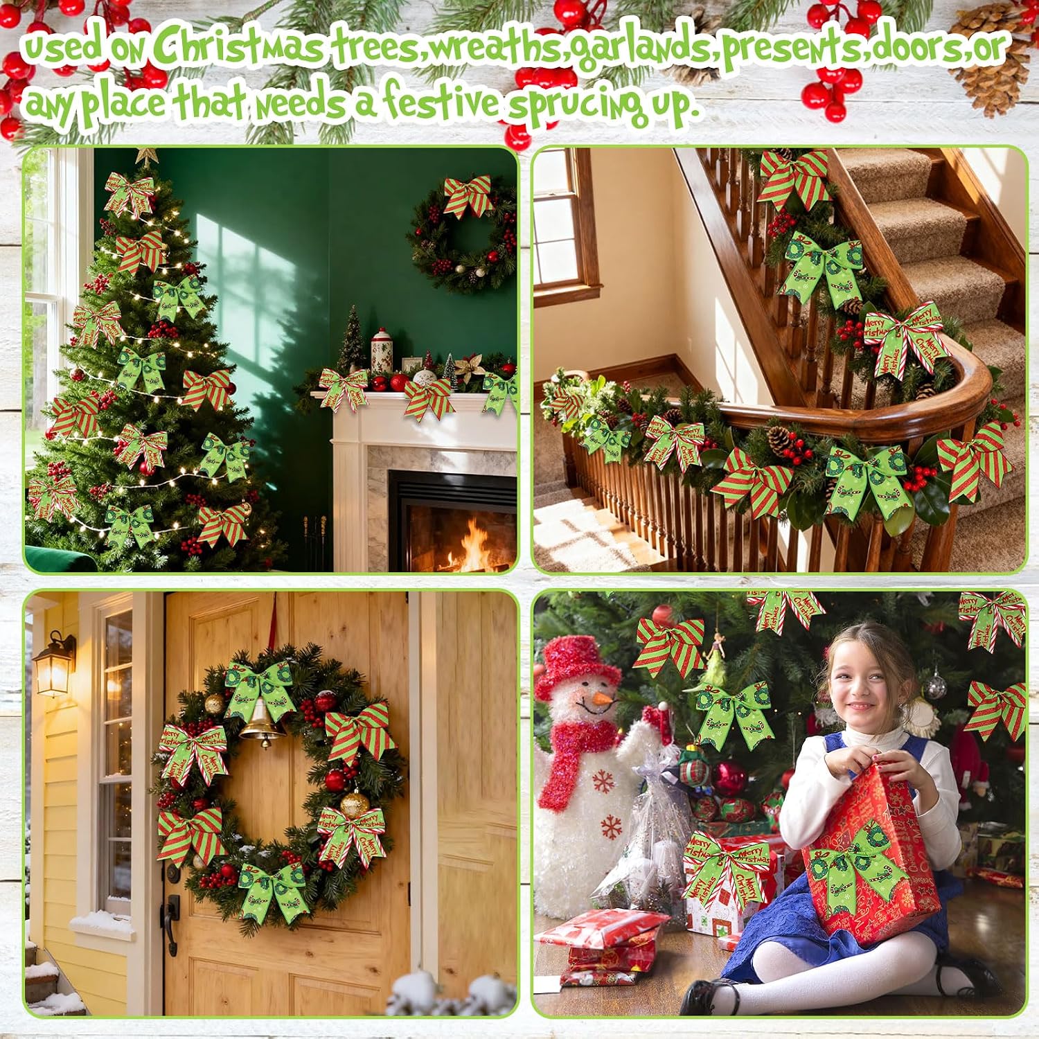 12 Pcs Christmas Bows,6 Inch Large Red Green Christmas Wreaths Bows for Tree Gift Wrapping Garland,Holiday Decorations Party Crafts Tree Ribbon Ornaments