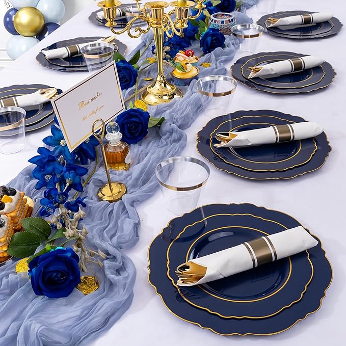 Liacere 350PCS Navy Blue Plastic Plates-Disposable Blue Gold Plates 50guest Plastic Dinnerware include 100Plates,50Pack Pre Rolled Napkins with Silverware 50Cups for Wedding＆Halloween