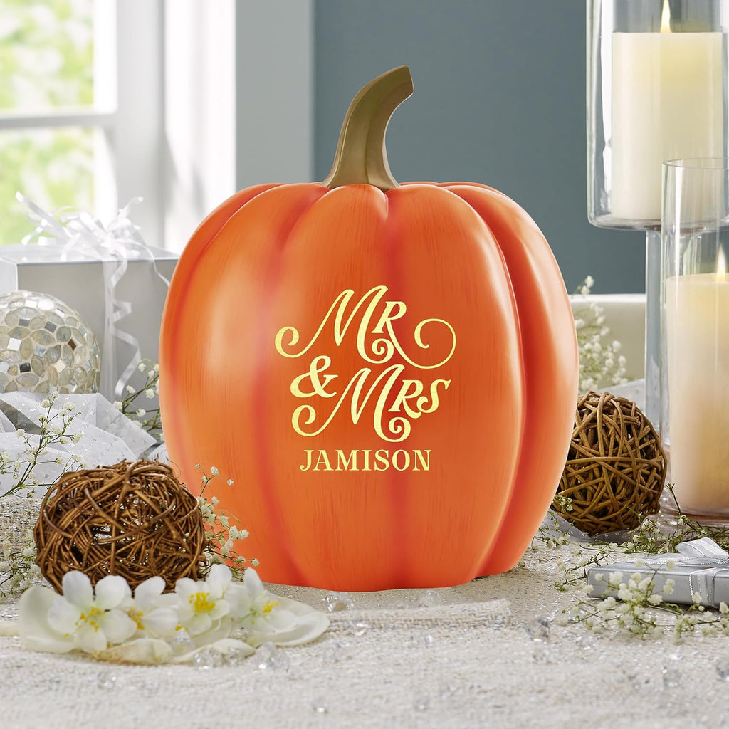 Let's Make Memories Personalized Light Up Pumpkin Decor - Celebrate Love - Fall Wedding Centerpiece - Laser-Engraved Resin with Names - Happy Couple - Orange - Large