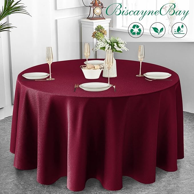 Biscaynebay Textured Fabric Christmas Round Table Cloth 120", Burgundy Water Resistant Folding Table Covers for Dining, Kitchen, Wedding, Parties etc. Machine Washable